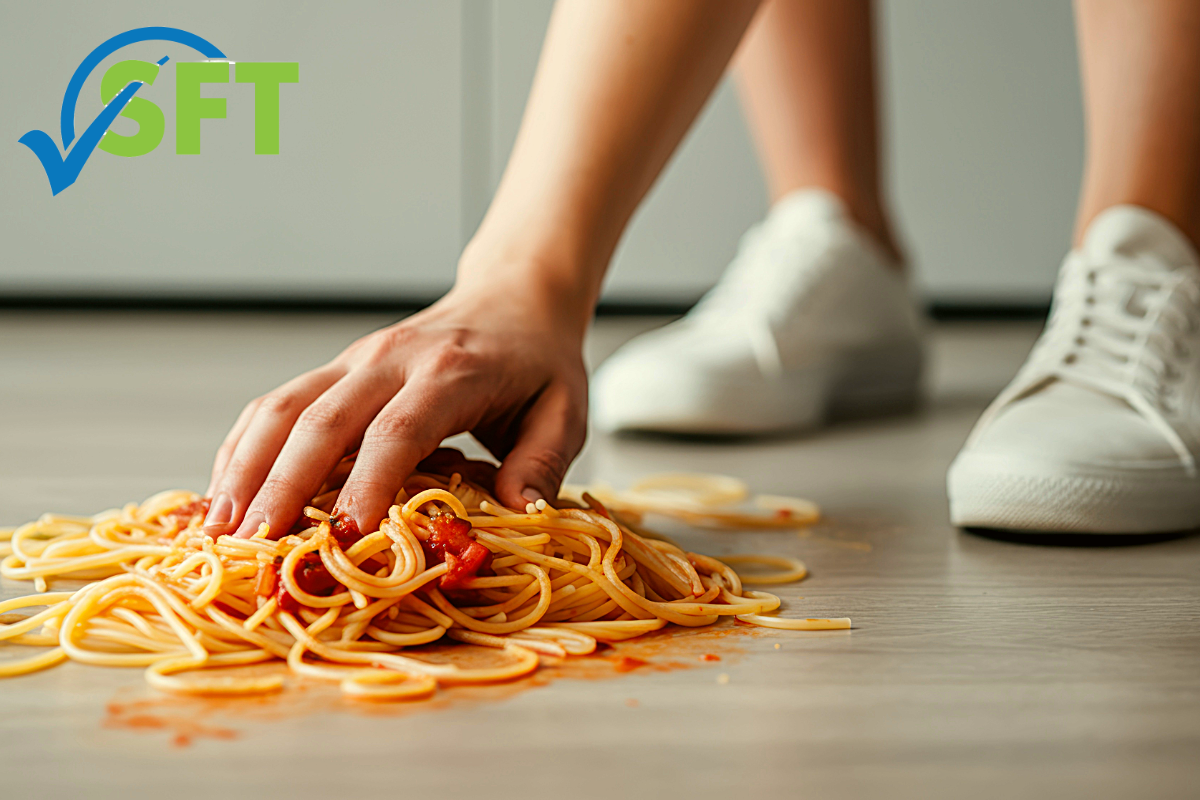 ServSafe Revealing The Truth Of The Five Second Rule-5-5 Second Rule 5 Spaghetti on the ground.