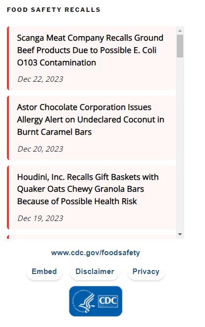 Food Product Recall Widget For Certified Food Protection Managers